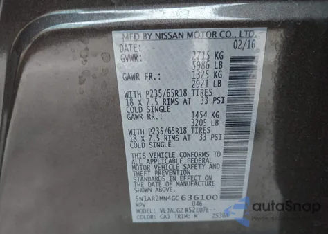 2016 Nissan Pathfinder Sl из США, поврежденный, VIN 5N1AR2MN4GC636100